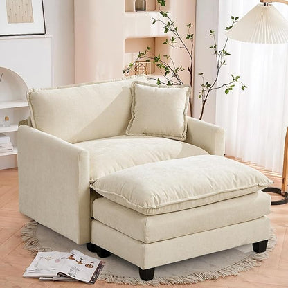 SoarFlash Chenille Sectional Sofa, Comfy Modular Single Sofa with Ottoman, Modern Recliner Deep Seat Sofa Set for Living Room,Beige