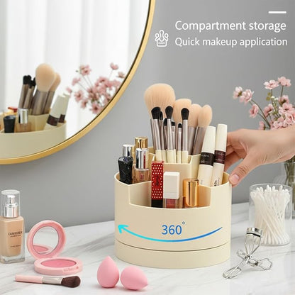 Large Plastic Makeup Organizer with Rotating Brush Holder for Vanity - Bathroom Countertop Skin Care Storage, Easy for Lipsticks, Nail Polishes, Perfumes & Eyeshadow Palettes