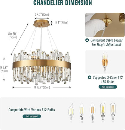 Siljoy Modern Crystal Chandelier, 12-Light Luxury Round 2-Tiers K9 Crystal Raindrop Chandelier, Brushed Brass Gold Crystal Pendant Ceiling Light for Living Dining Room Kitchen Island Foyer D19.7''