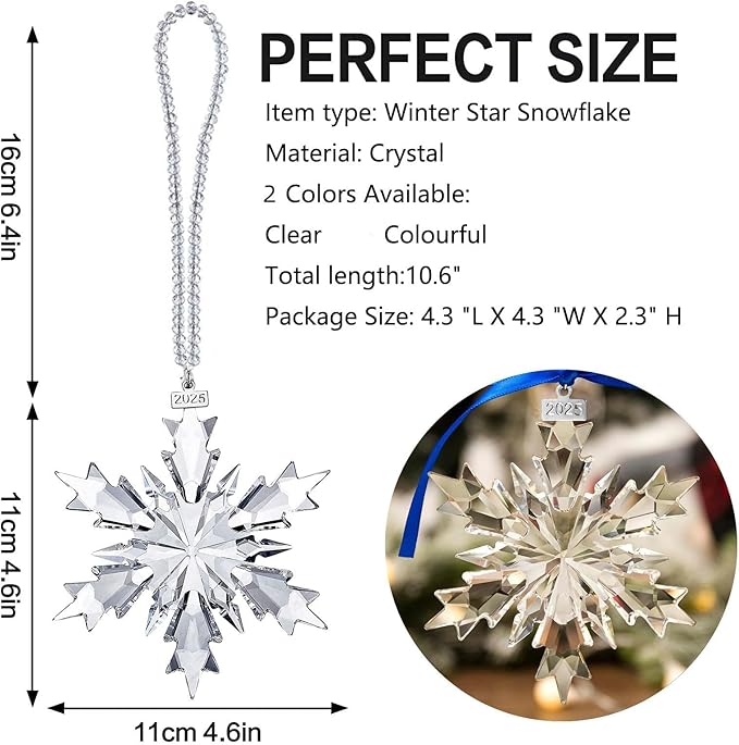 2025 Annual Edition Snowflake Christmas Ornament, Display Winter House Decor with Gift Box (Clear Crystal A)