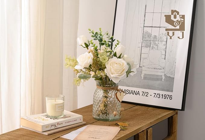 YJ Fake Flowers with Vase, Silk Roses Artificial Flowers in Vase, Faux Flower Plant Arrangement Suitable for Home Office Decoration, White