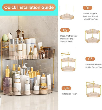 Corner Bathroom Counter Organizer with Makeup Brush Holder & Toothbrush Holders, Makeup Organizer for Vanity Countertop, Acrylic Skincare Storage Shelf (Amber, 2-Tier)
