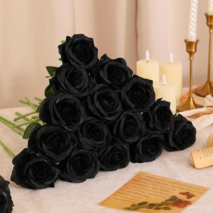 Nubry 50pcs Artificial Silk Roses Bulk,Fake Roses Flower with Stems Realistic Flowers for Wedding Centerpiece Home Party Decor(Black)