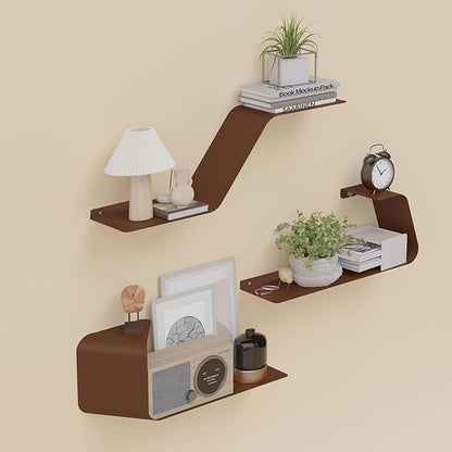 Floating Wall Shelves Set of 3, Metal Mounted Shelf with Unique Design, Bookshelf for Storage & Display in Bathroom, Bedroom, Kitchen, Living Room, Brown Home Decor