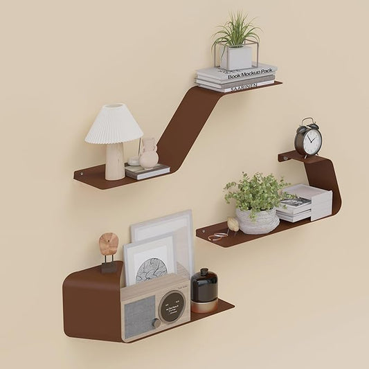 Floating Wall Shelves Set of 3, Metal Mounted Shelf with Unique Design, Bookshelf for Storage & Display in Bathroom, Bedroom, Kitchen, Living Room, Brown Home Decor