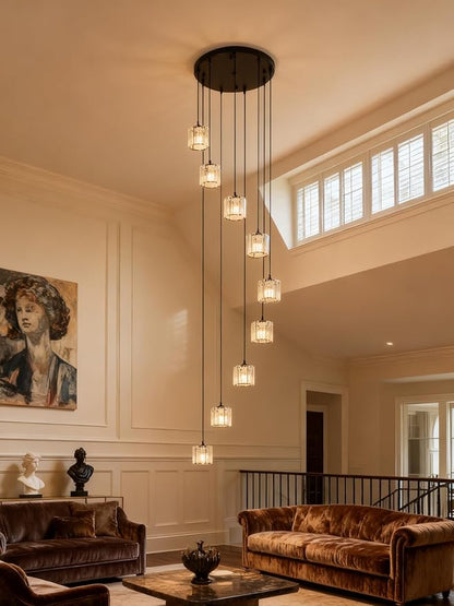 Long Chandeliers for High Ceilings,Modern Crystal Pendant Light,Raindrop Drop Lamp,Hanging Lighting Fixtures for Spiral Staircase,Foyer,Entryway,Living Room,Black (8 Lights)