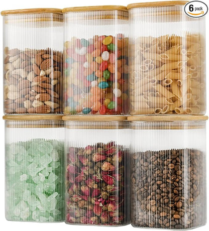 37oz Airtight Glass Square Storage Canisters with Bamboo Lids Set of 6 (1100ml) Striped Stackable Containers, Kitchen Jars for Pantry Noodles, Flour and Coffee beans (‎with Black Lable)