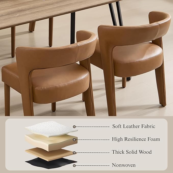 DUOMAY Modern Dining Chairs Set of 6, Leather Fabric Upholstered Kitchen Chair with Curved Open Back Accent Side Chairs Dining Room Chairs with Wood Legs, Brown