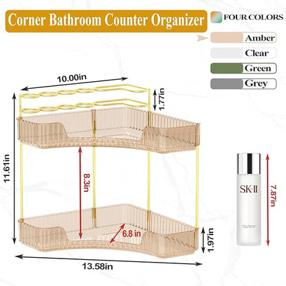 SUNZOS Corner Bathroom Counter Organizer, 2-Tier Countertop Makeup Organizer with Makeup Brush Holder for Dresser, Vanity Perfume Tray for Corner Storage