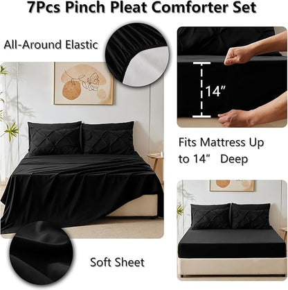 CozyLux Queen Comforter Set Black, 7 Pieces Pintuck Bed in A Bag, Premium Black Comforter Queen Size, Pinch Pleat Bedding Sets with Comforter, Sheets, Pillowcases & Shams