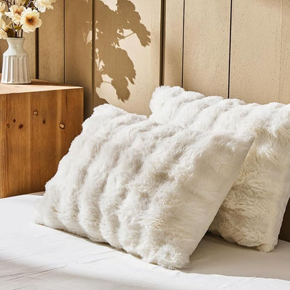 Lotus Karen Faux Fur Full Comforter Set – Cream White Fluffy Comforter Full Size, Big Bubble Faux Rabbit Fur Bedding Comforter Sets, Warm Cozy Fuzzy Bed Set 3 Pieces, 1 Comforter and 2 Pillowcases
