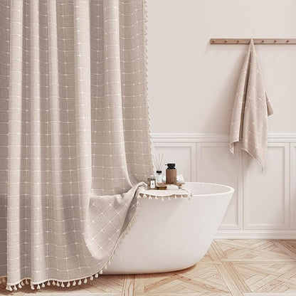 BTTN 78 Inch Long Shower Curtain - Boho Linen Thick Fabric Shower Curtain Set with Plastic Hooks, Tall Rustic Modern Farmhouse Country Heavy Duty Cloth Shower Curtains for Bathroom - Tan/Taupe, 72x78