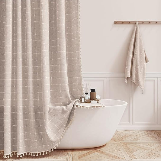 BTTN 78 Inch Long Shower Curtain - Boho Linen Thick Fabric Shower Curtain Set with Plastic Hooks, Tall Rustic Modern Farmhouse Country Heavy Duty Cloth Shower Curtains for Bathroom - Tan/Taupe, 72x78