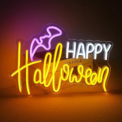 LUCUNSTAR Happy Halloween Neon Sign,Neon Signs for Wall Decor,Dimming Light LED Acrylic Bat Shape Wall Light Signs Lights for Halloween Day Decor,Man Cave Bedroom,Party