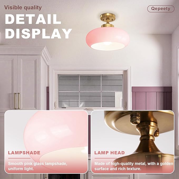 Mid Century Modern Flush Mount Ceiling Light Vintage Pink Close to Ceiling Light Fixtures Overhead Light Gold Glass for Kids Room Hallway Living Room Kitchen