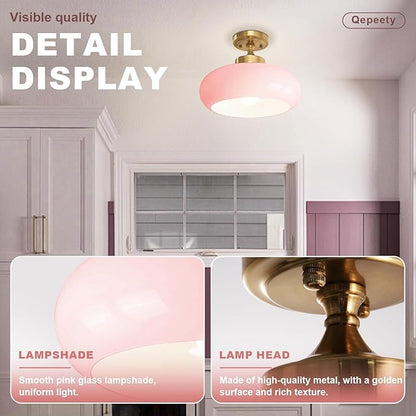 Mid Century Modern Flush Mount Ceiling Light Vintage Pink Close to Ceiling Light Fixtures Overhead Light Gold Glass for Kids Room Hallway Living Room Kitchen