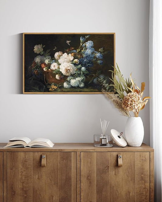 ARPEOTCY Vintage Framed Canvas Wall Art, Bathroom Hydrangea Peonies Floral Pictures Retro Wall Decor, Large Prints, Bedroom Living Room Flower Paintings Farmhouse Moody Home Decorations, 24x36 Inch