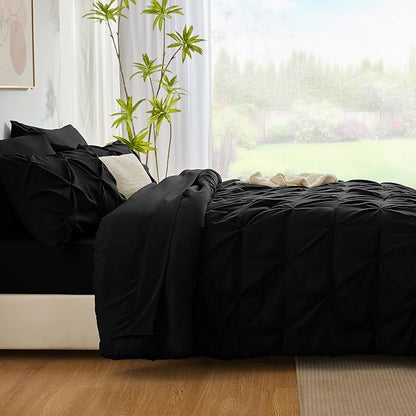CozyLux Queen Comforter Set Black, 7 Pieces Pintuck Bed in A Bag, Premium Black Comforter Queen Size, Pinch Pleat Bedding Sets with Comforter, Sheets, Pillowcases & Shams