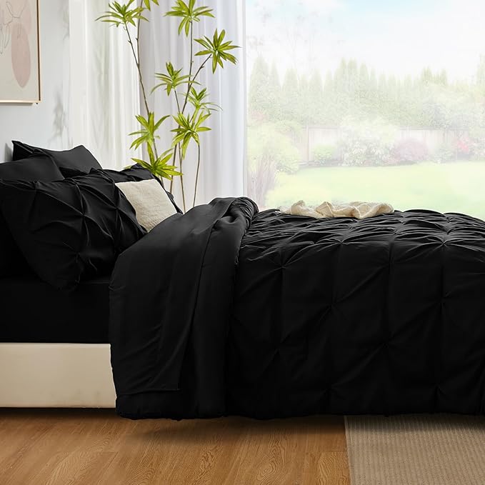 CozyLux Twin Comforter Set with Sheets Black, 5 Pieces Pintuck Bed in A Bag, Twin Bed Set Gift for Family, Pinch Pleat Bedding Set with Comforter, Sheets, Pillowcase & Sham
