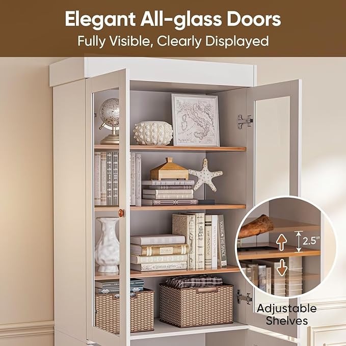 Vyre 71" Tall Farmhouse Bookshelves with Glass Doors, Set of 4 – Large Modular Bookcase with Adjustable Shelves, Storage Cabinet for Living Room, Kitchen, Home Office, White