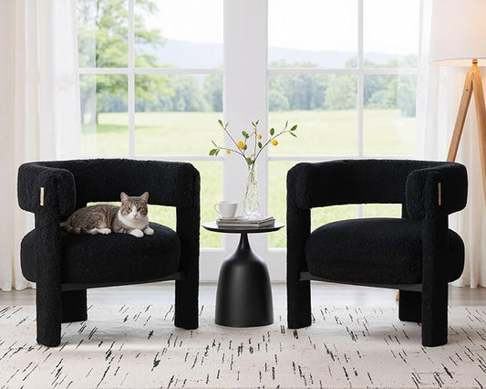Black Boucle Barrel Accent Chairs Set of 2, Comfy Upholstered Living Room Chairs Mid-Century Modern Reading Chair with Open Back Round Corner Armchairs, Side Sitting Lounge Chairs for Bedroom/Office