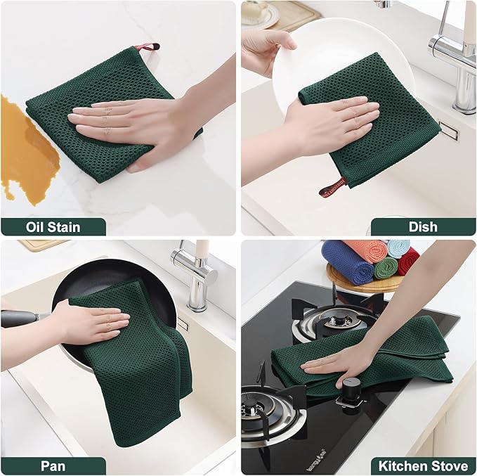 Homaxy 100% Cotton Kitchen Towels and Dishcloths Set, 12 x 12 Inches and 13 x 28 Inches, Set of 16 Bulk Kitchen Towels Set, Ultra Soft Absorbent Dish Cloths for Washing Dishes, Blackish Green