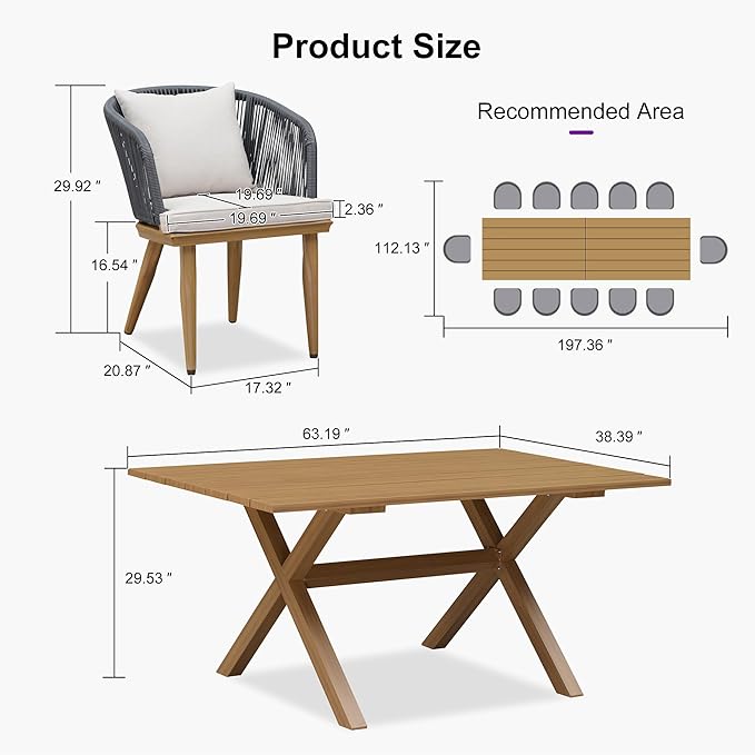 PURPLE LEAF 14 Pieces Patio Dining Table Set Wicker Outdoor Furniture Rectangular Table and Chairs Set for Garden Deck Teak-Finish & Grey Aluminum Frame Backyard Kitchen Set, Cushions and Pillows Included