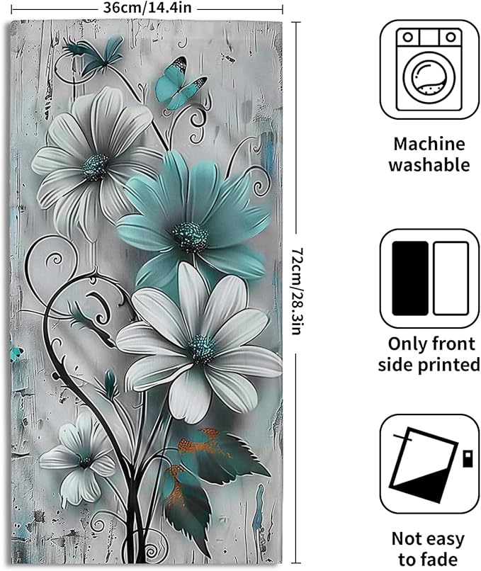 Rustic Farmhouse Hand Towels Teal Daisy Floral Butterfly Wooden Print Decorative Absorbent Kitchen Spa 28x14
