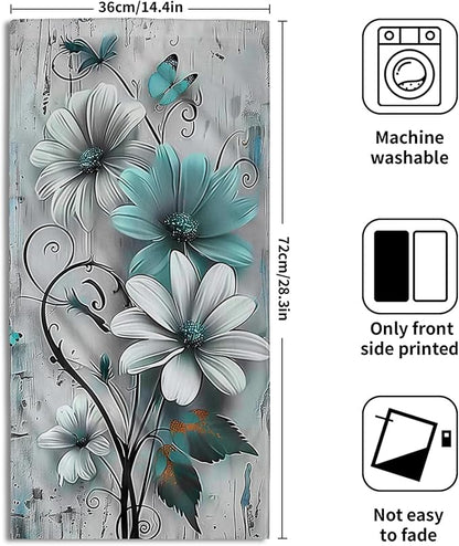 Rustic Farmhouse Hand Towels Teal Daisy Floral Butterfly Wooden Print Decorative Absorbent Kitchen Spa 28x14