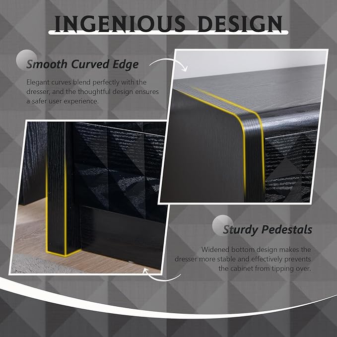 Modern 5 Drawer Dresser for Bedroom, Wooden Tall Dressers &Chests of Drawers w/Two Different Drawer Sizes, Mid Century Modern Dresser w/Diamond Panel Decorate for Bedroom, Curved Profile Design, Black