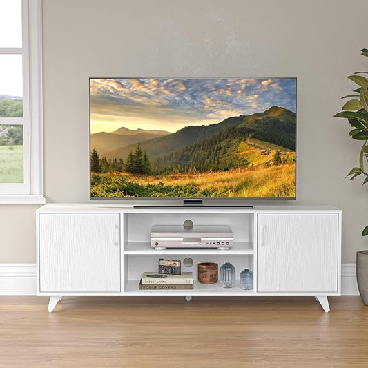 Panana TV Stand, Entertainment Center with 2 Doors and 2 Cubby Storages Cabinets for up to 65 inch for Living Room Bedroom (White, 53.5 inch)
