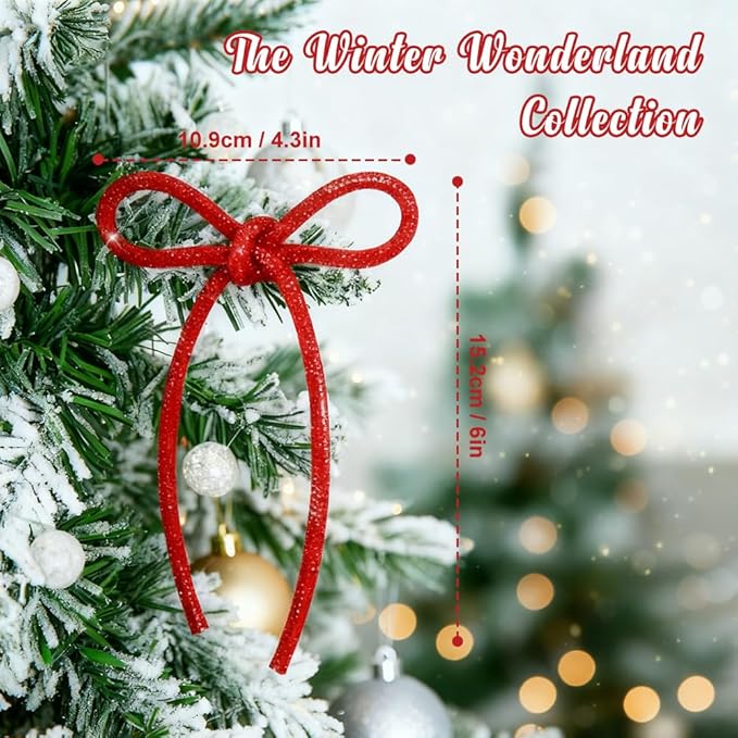 Christmas Bows Ornaments, Champagne Gold Glitter Rhinestone Bow Ornaments with Twist Ties, Sparkly Christmas Tree Bow Topper Decorations for Wreaths, Garland, Gift Wrapping (Silver)