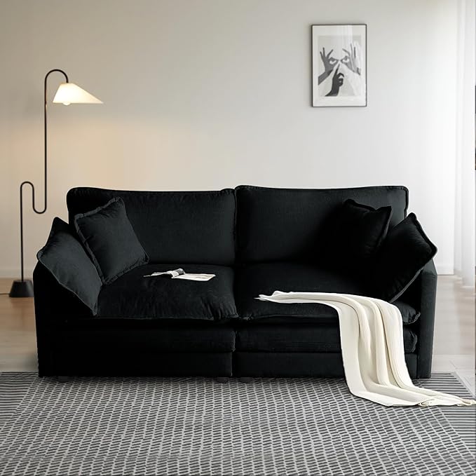 SoarFlash Chenille Sectional Sofa, Comfy Modular Loveseat Sofa, Modern 2-Seat Couch Deep Seat Sofa Set for Living Room,Black