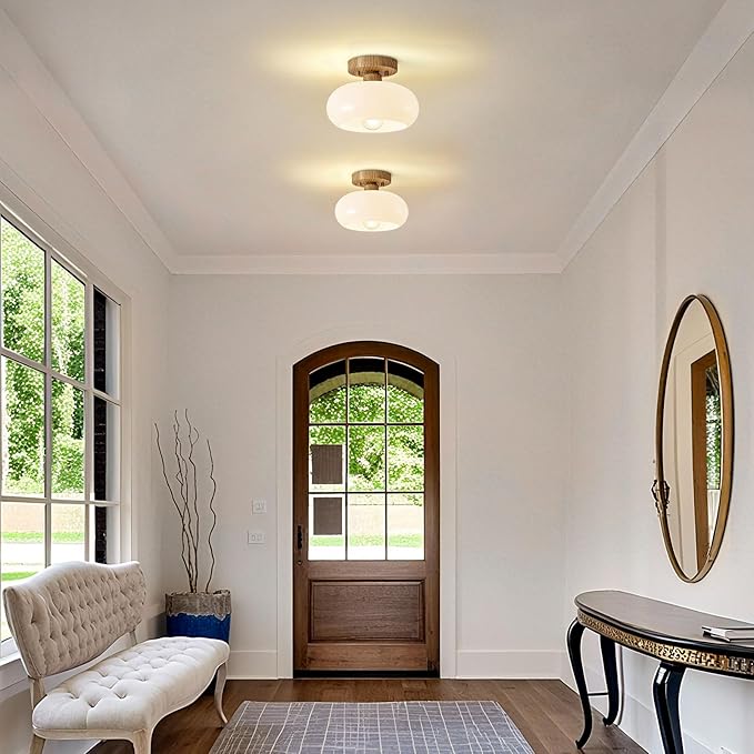 Mid-Century Modern Semi Flush Mount Ceiling Light, Faux Wood Kitchen Ceiling Light Fixture with Glass Shade, Vintage White Close to Ceiling Lamp for Entryway Hallway Bathroom (8.66 Inch)