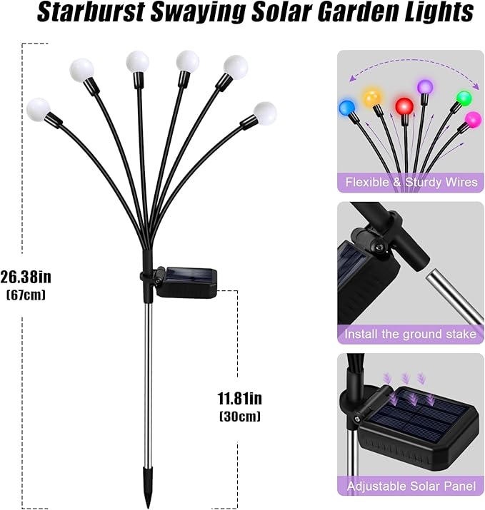 Solar Garden Lights Outdoor Decor, 24 LEDs Solar Firefly Light, Multicolor Changing RGB Swaying Lights Outdoor Waterproof, 4 Pack 6 Heads Christmas Garden Decorative for Yard Patio Pathway Lawn Decor