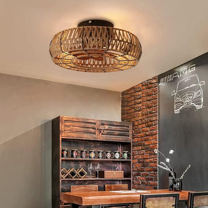 20" Caged Ceiling Fans with Lights and Remote, Boho Flush Mount Ceiling Fan with Light, Low Profile Chandelier 6 Speed Bladeless Reversible Ceiling Fan w/ 4 Bulbs. for Living Room Bedroom.