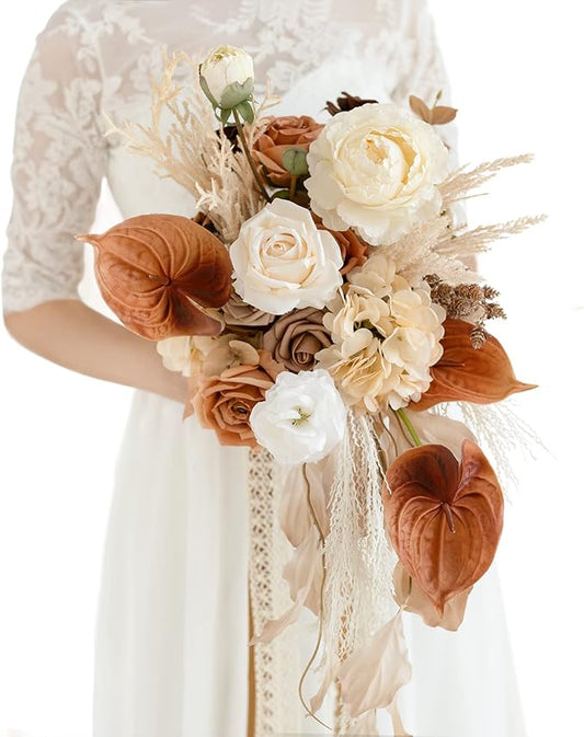 Ling's moment Boho Bridal Bouquet Cascading, Rustic Wedding Bouquets for Bride, 15 Inch Silk Fall Artificial Wedding Flower Bouquet