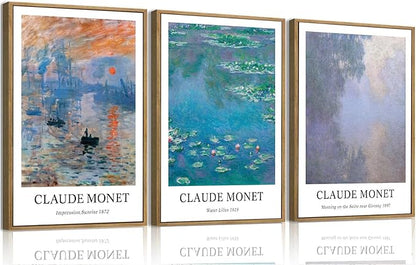 ILLBDR Claude Monet Water Lilies Framed Wall Art Vintage Aesthetic Canvas Wall Art Set of 3 Impressionist Botanical Prints Artwork Minimalist Classic Pictures Decor for Bedroom Living Room 16x24 Inch
