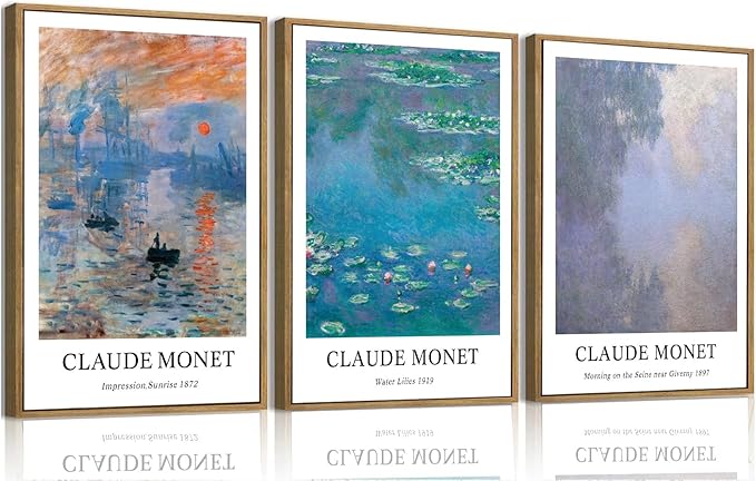 ILLBDR Claude Monet Water Lilies Framed Wall Art Vintage Aesthetic Canvas Wall Art Set of 3 Impressionist Botanical Prints Artwork Minimalist Classic Pictures Decor for Bedroom Living Room 12x16 Inch