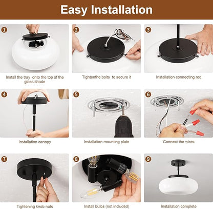 Mid-Century Modern Black Semi Flush Mount Ceiling Light, 3-Light Kitchen Light Fixtures with Glass Shade for Entryway Hallway Bathroom Bedroom (12.6 Inch)