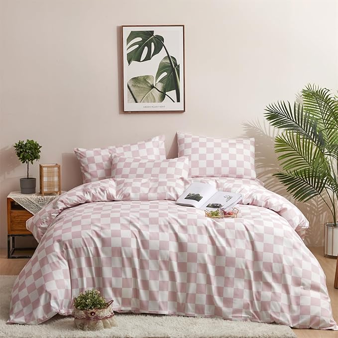 Pureant Pink White Plaid Comforter Sets King Women Men Bean Pink and White Checkerboard Grid Bedding Comforters Cotton Boys Girls Modern Dusty Pink Checkered Geometric Quilts Luxury Abstract Bed