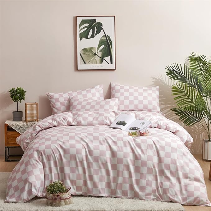 Pureant Pink White Plaid Comforter Sets Queen Women Men Bean Pink and White Checkerboard Grid Bedding Comforters Cotton Boys Girls Modern Dusty Pink Checkered Geometric Quilts Luxury Abstract Bed