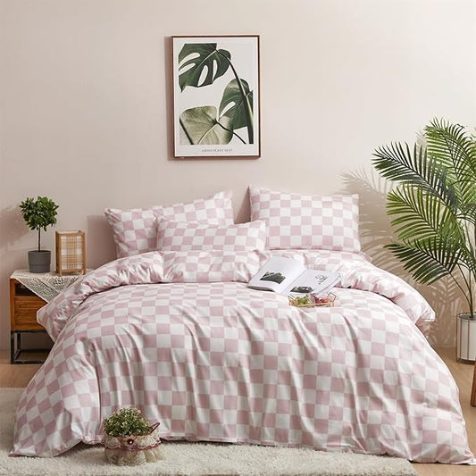 Pureant Pink White Plaid Comforter Sets Full Women Men Bean Pink and White Checkerboard Grid Bedding Comforters Cotton Boys Girls Modern Dusty Pink Checkered Geometric Quilts Luxury Abstract Bed