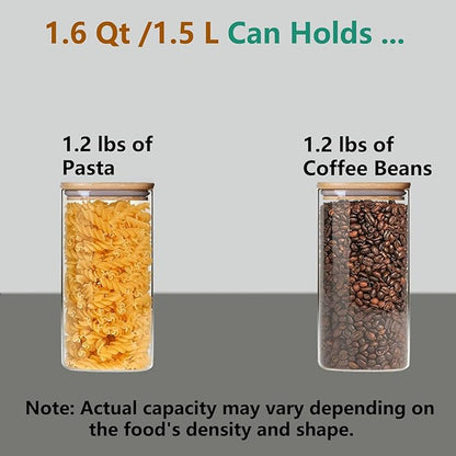 1.6 Qt Square Glass Storage Containers with Lids, Clear Food Storage Container Jar with Sealing Bamboo Lid for Noodles Flour Cereal Rice Sugar Tea Coffee Beans,Square Set of 3