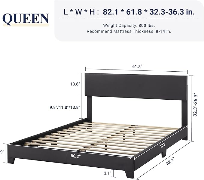 Allewie Queen Bed Frame with Adjustable Headboard, Faux Leather Platform Bed with Wood Slats, Heavy Duty Mattress Foundation, No Box Spring Needed, Noise-Free, Easy Assembly, Black