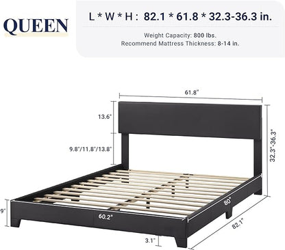 Allewie Queen Bed Frame with Adjustable Headboard, Faux Leather Platform Bed with Wood Slats, Heavy Duty Mattress Foundation, No Box Spring Needed, Noise-Free, Easy Assembly, Black