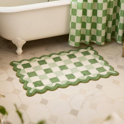 ORTIGIA Cute Green Checkered Scalloped Bath Mat, Fun Plush Microfiber Bathroom Rugs Non Slip Washable Quick Dry Absorbent, Bath Rug for Shower Stall Vanities Kitchen Floor Entrance, 20x32