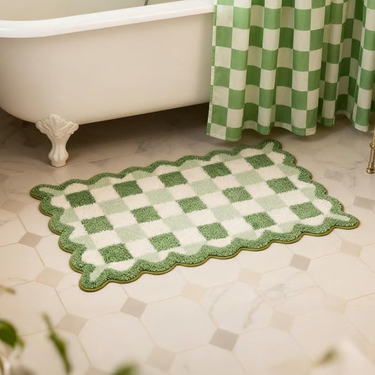 ORTIGIA Cute Green Checkered Scalloped Bath Mat, Fun Plush Microfiber Bathroom Rugs Non Slip Washable Quick Dry Absorbent, Bath Rug for Shower Stall Vanities Kitchen Floor Entrance, 20x32