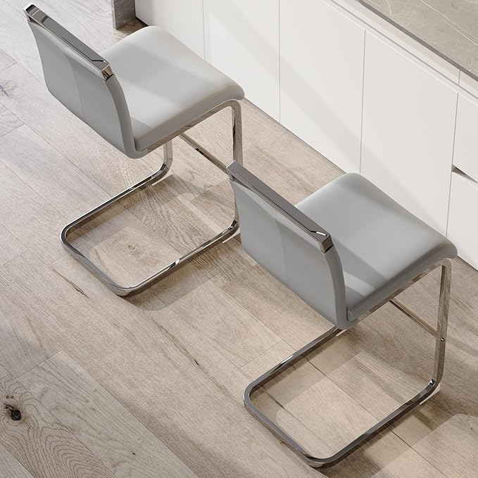 Bar Stools Set of 2, 25" Counter Height, Modern, Silver, Light Grey Faux Leather with Chrome Plated Metal Leg, Ideal for Kitchen Island, Pub, Bar, Restaurant Dining Chair