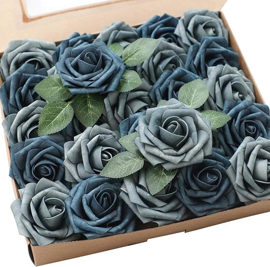 Floroom Artificial Flowers 25pcs Real Looking Dusty Blue Foam Fake Roses with Stems for DIY Wedding Bouquets Bridal Shower Floral Centerpieces Party Tables Decorations